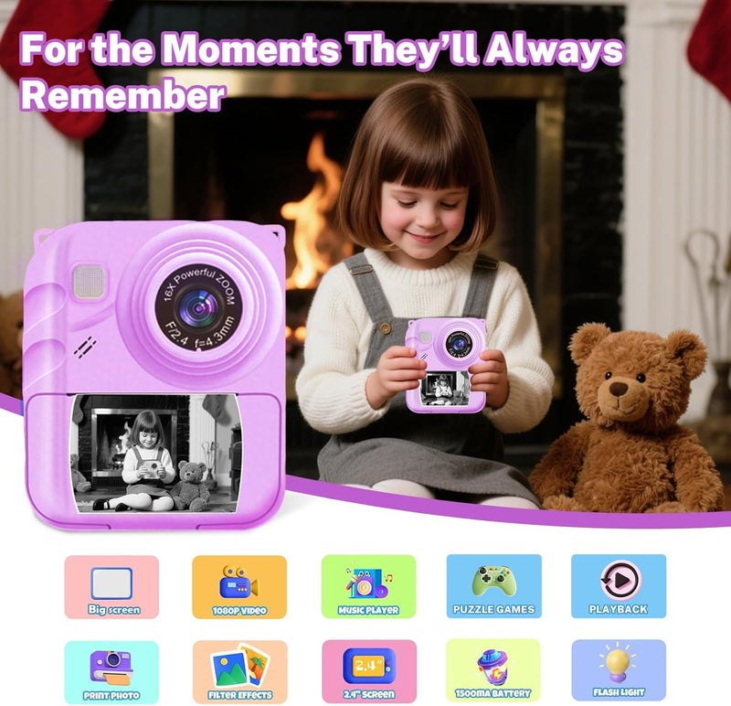 QDH Instant Print Camera for Kids, 1080P Video Camera with 3 Print Rolls, 32GB Card & Cute Cover, Gift for Girls Boys Age 3-12, Toddler Digital Camera with Games, Filters, Music – Purple - Image 2